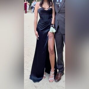 Size 2 Black Satin Cinderella Divine Style 7483 Prom Dress